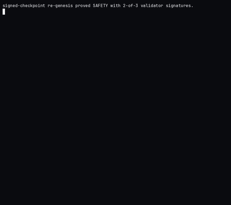 The real prover and verifier over block #100. A 128-byte proof, disclosing Alice/Bob/Charlie and hiding the rest, verifies in ~2 ms. The tampered ledger commits to a different root, so its forged proof is rejected.